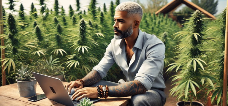 Man sitting at desk in a field of cannabis